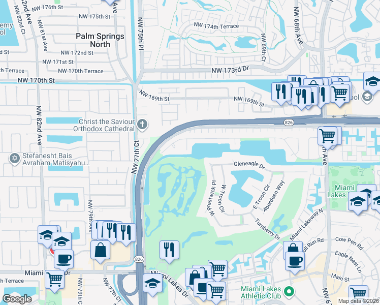 map of restaurants, bars, coffee shops, grocery stores, and more near 7420 Loch ness Drive in Miami Lakes