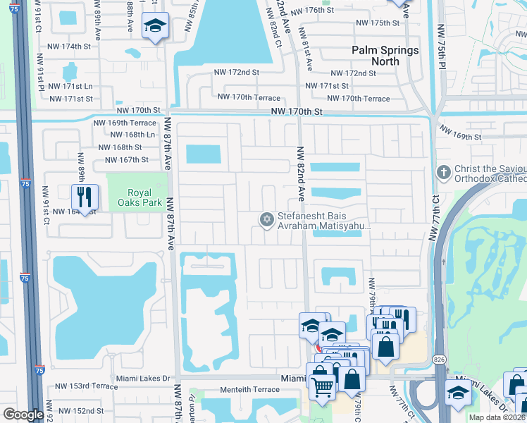 map of restaurants, bars, coffee shops, grocery stores, and more near 16451 Northwest 83rd Court in Miami Lakes