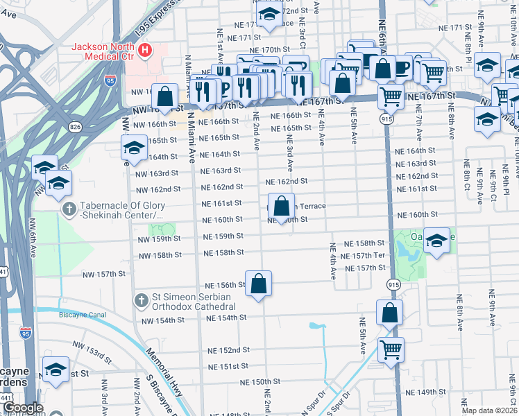 map of restaurants, bars, coffee shops, grocery stores, and more near 16095 Northeast 2nd Avenue in Miami