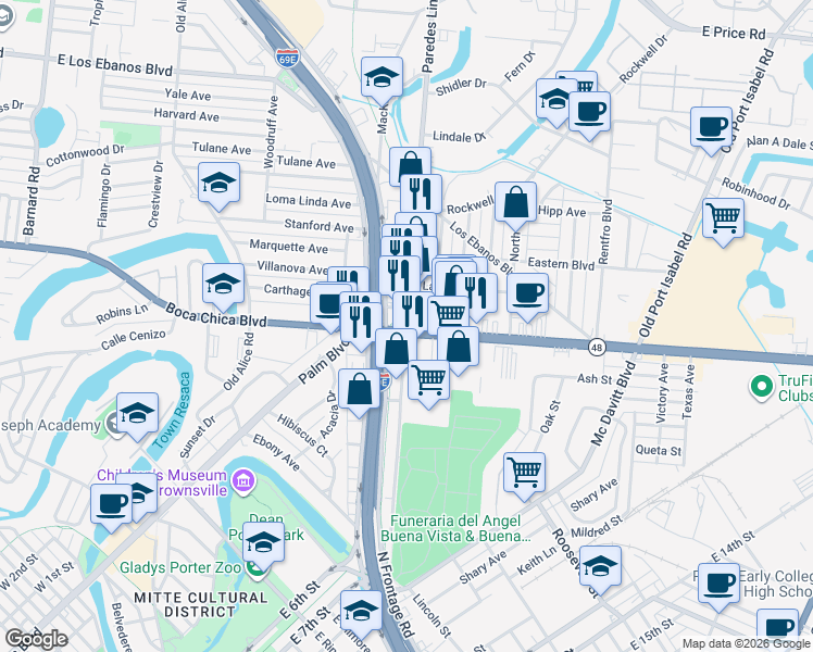 map of restaurants, bars, coffee shops, grocery stores, and more near 115 Paredes Line Road in Brownsville