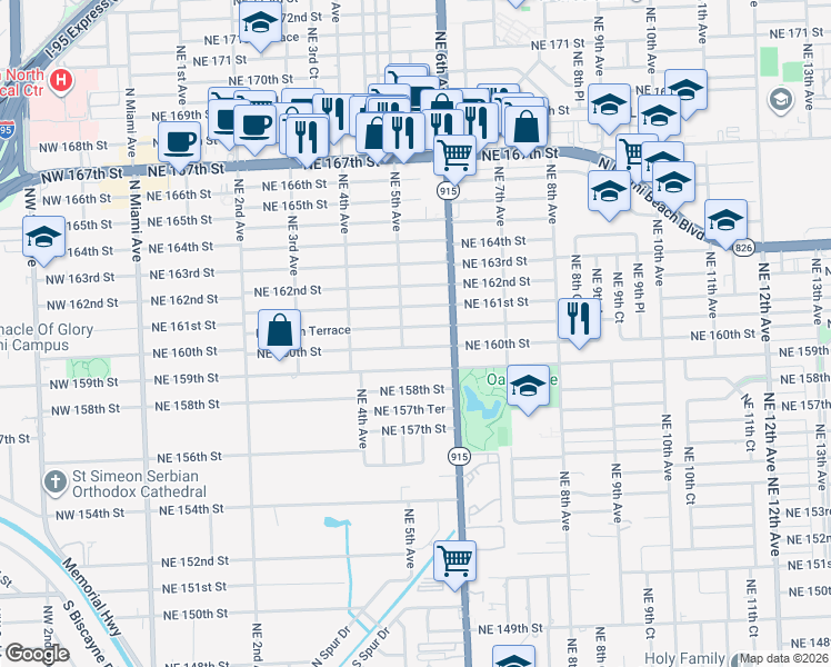 map of restaurants, bars, coffee shops, grocery stores, and more near 499 Northeast 160th Terrace in Miami