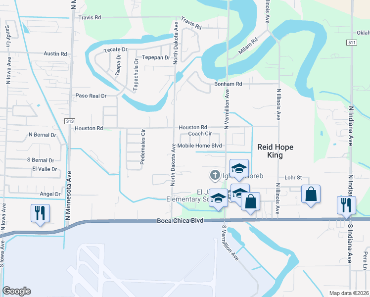 map of restaurants, bars, coffee shops, grocery stores, and more near 6412 Coach Circle in Brownsville