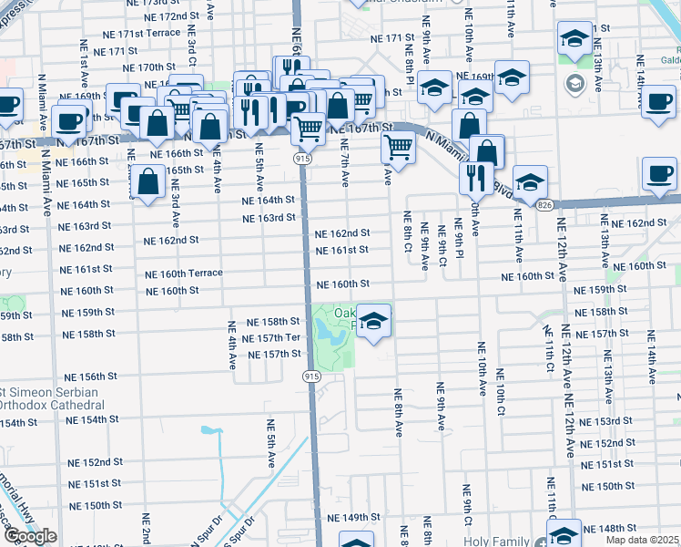map of restaurants, bars, coffee shops, grocery stores, and more near 651 Northeast 160th Terrace in Miami