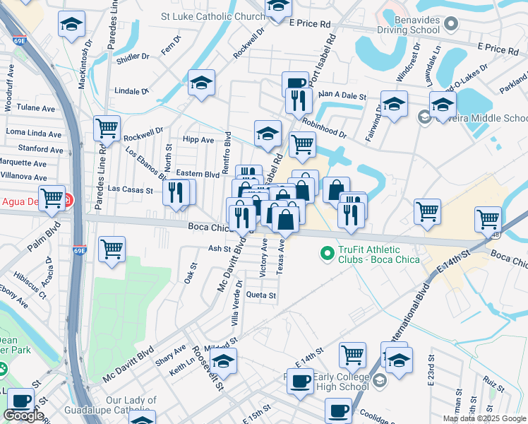 map of restaurants, bars, coffee shops, grocery stores, and more near 2719 Boca Chica Boulevard in Brownsville