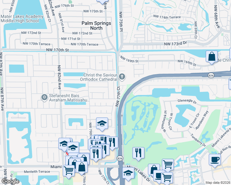 map of restaurants, bars, coffee shops, grocery stores, and more near 16454 Northwest 76th Place in Hialeah