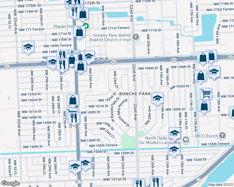map of restaurants, bars, coffee shops, grocery stores, and more near 16305 Northwest 24th Avenue in Opa-locka