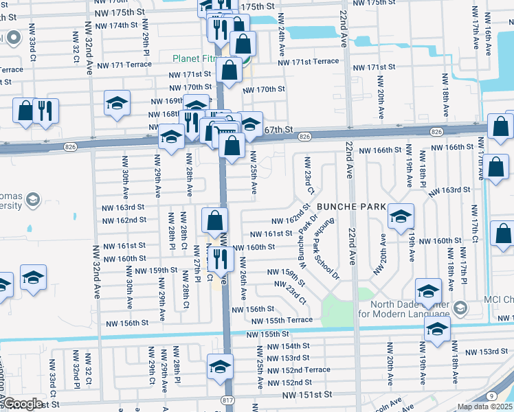 map of restaurants, bars, coffee shops, grocery stores, and more near 2525 Northwest 162nd Terrace in Opa-locka