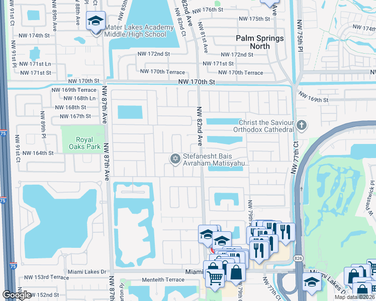 map of restaurants, bars, coffee shops, grocery stores, and more near 8234 Northwest 165th Street in Hialeah