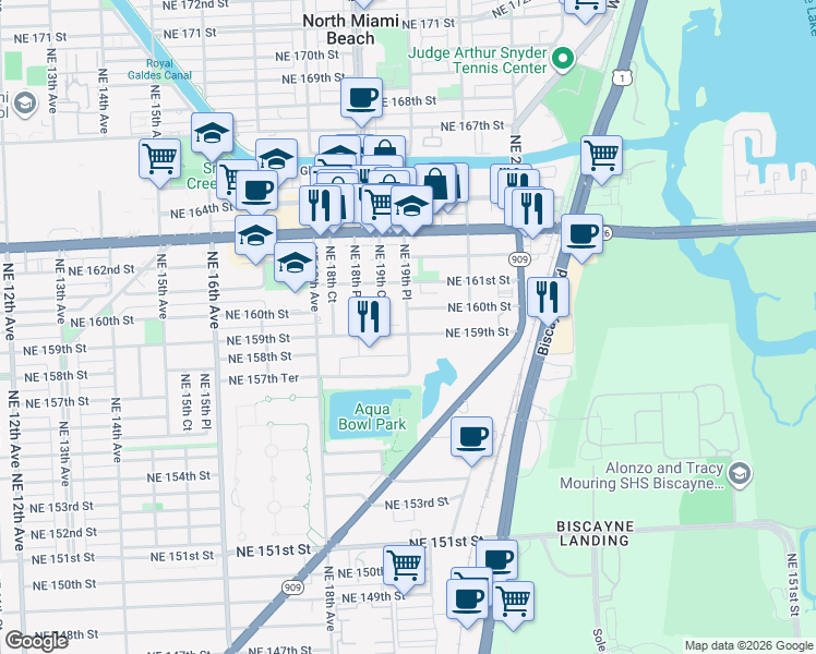 map of restaurants, bars, coffee shops, grocery stores, and more near 15971 Northeast 19th Place in North Miami Beach