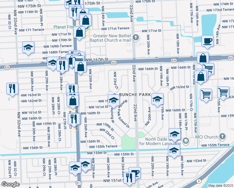 map of restaurants, bars, coffee shops, grocery stores, and more near 16305 Northwest 24th Avenue in Opa-locka