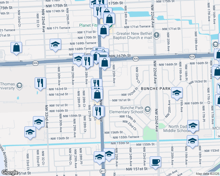 map of restaurants, bars, coffee shops, grocery stores, and more near 2515 Northwest 163rd Street in Miami Gardens