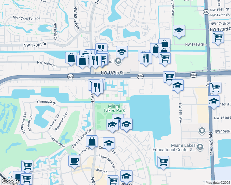 map of restaurants, bars, coffee shops, grocery stores, and more near 16407 Bridge End Road in Miami Lakes