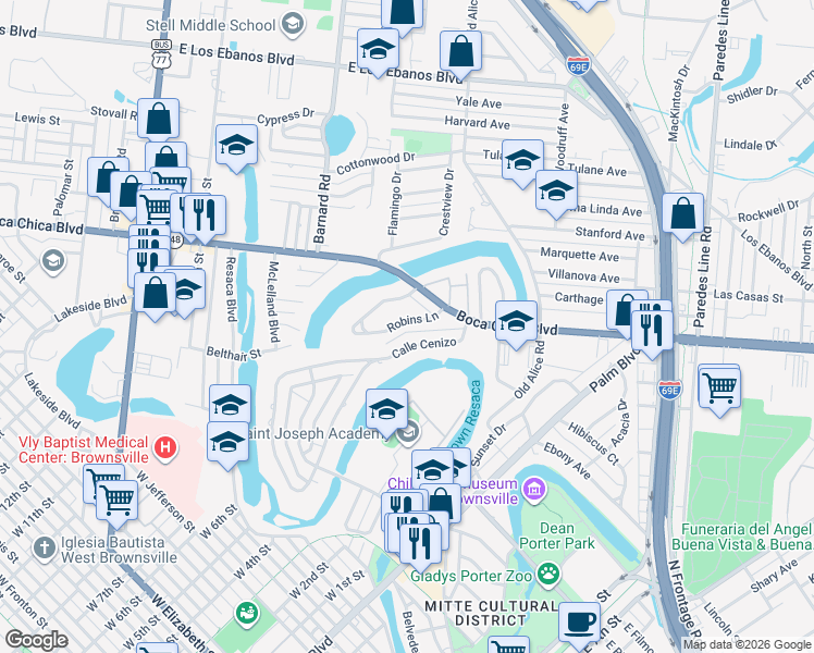 map of restaurants, bars, coffee shops, grocery stores, and more near 155 Robins Lane in Brownsville