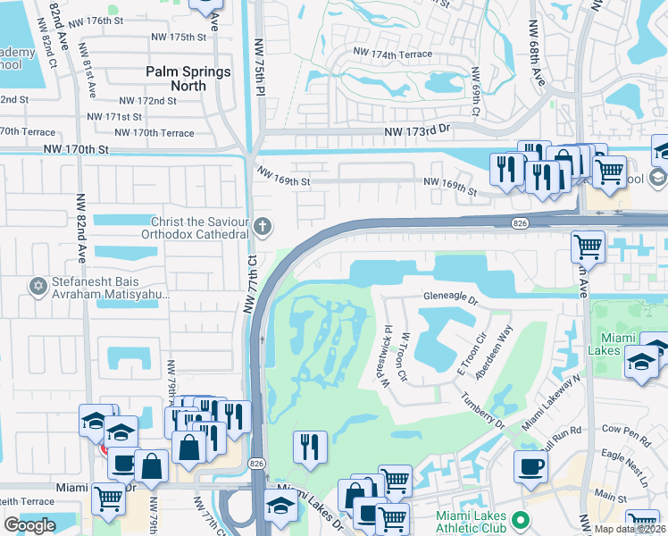 map of restaurants, bars, coffee shops, grocery stores, and more near 16410 Loch Ness Lane in Miami Lakes