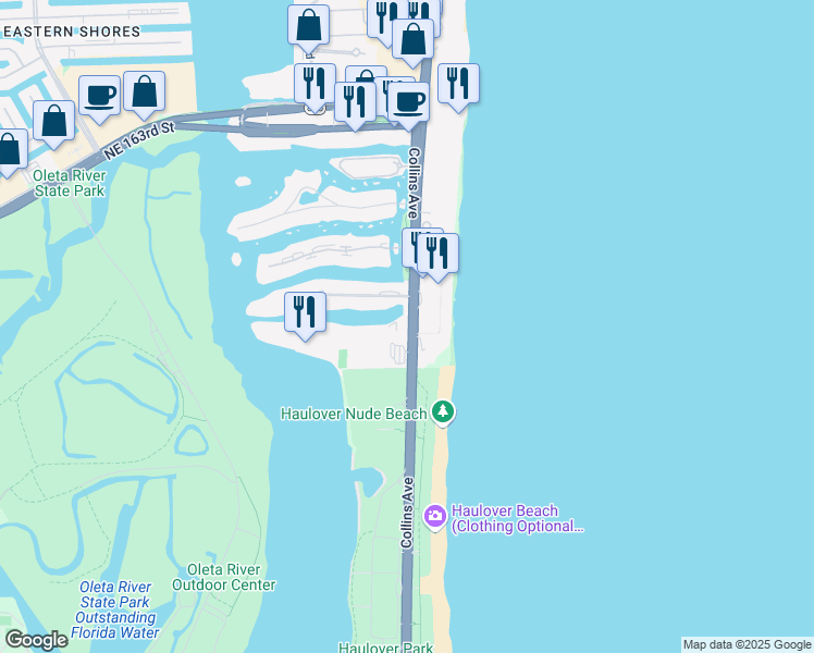 map of restaurants, bars, coffee shops, grocery stores, and more near 15800 Collins Avenue in Miami