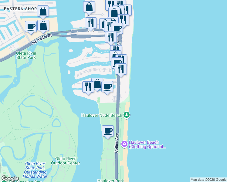 map of restaurants, bars, coffee shops, grocery stores, and more near 15800 Collins Avenue in Miami
