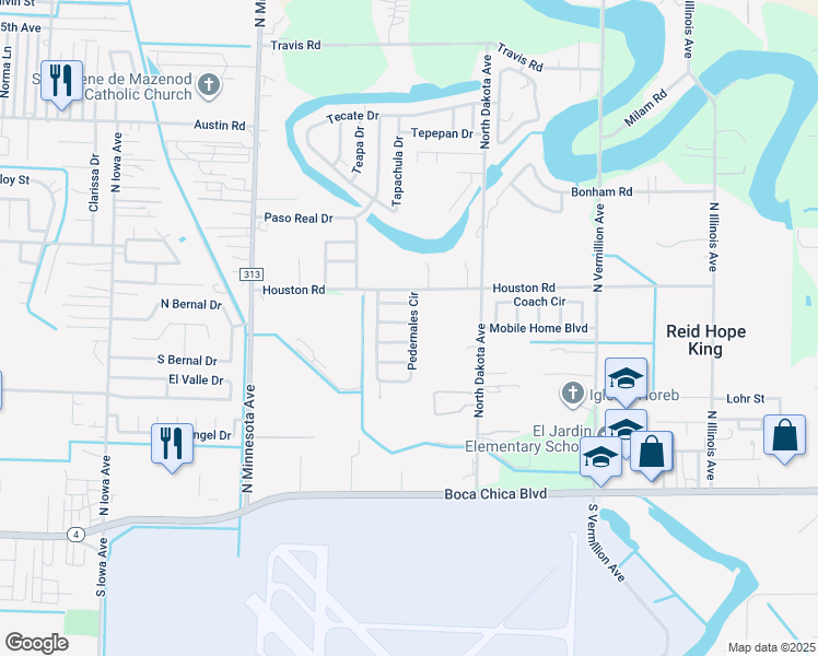 map of restaurants, bars, coffee shops, grocery stores, and more near 401 Lampasas Street in Brownsville
