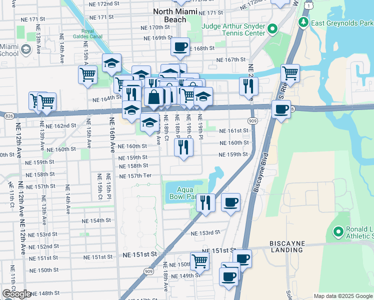 map of restaurants, bars, coffee shops, grocery stores, and more near 15990 Northeast 19th Court in North Miami Beach