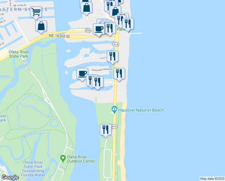 map of restaurants, bars, coffee shops, grocery stores, and more near 15800 Collins Avenue in Miami