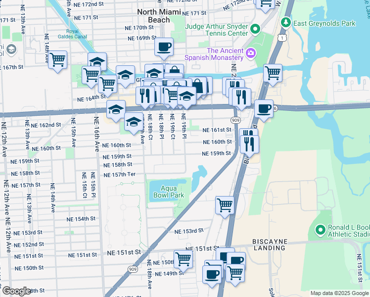 map of restaurants, bars, coffee shops, grocery stores, and more near 15971 Northeast 19th Place in North Miami Beach