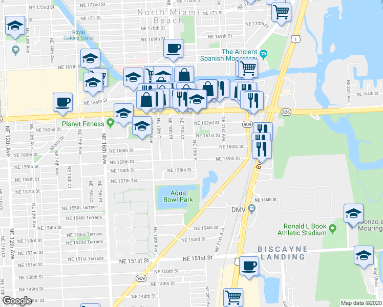 map of restaurants, bars, coffee shops, grocery stores, and more near 15971 Northeast 19th Place in North Miami Beach