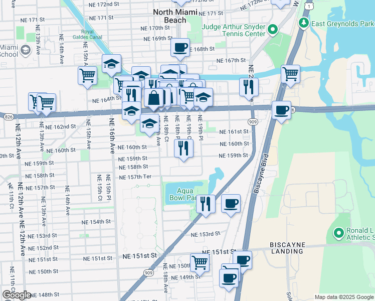 map of restaurants, bars, coffee shops, grocery stores, and more near 15990 Northeast 19th Court in North Miami Beach