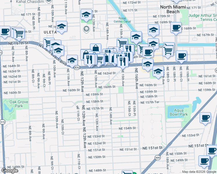 map of restaurants, bars, coffee shops, grocery stores, and more near 16031 Northeast 14th Avenue in North Miami Beach