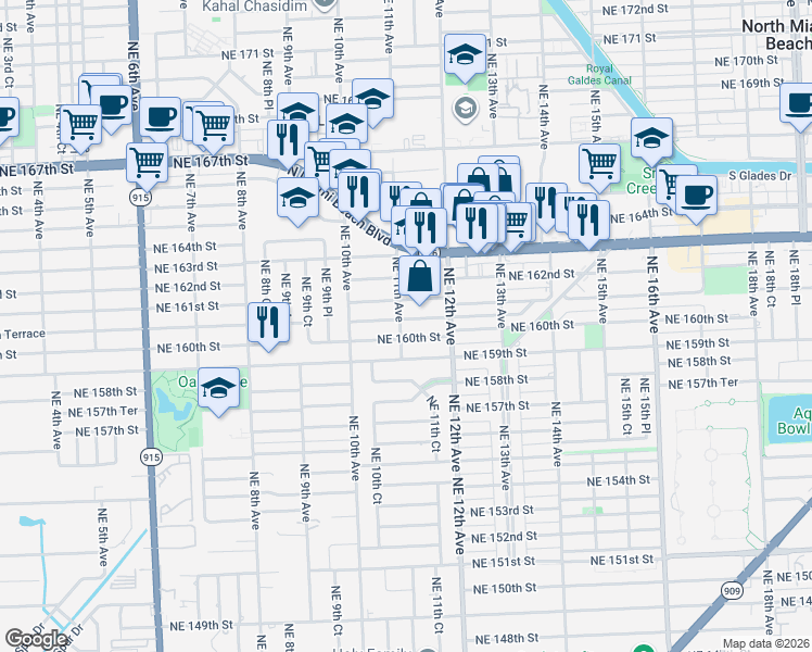 map of restaurants, bars, coffee shops, grocery stores, and more near 1090 Northeast 160th Terrace in North Miami Beach