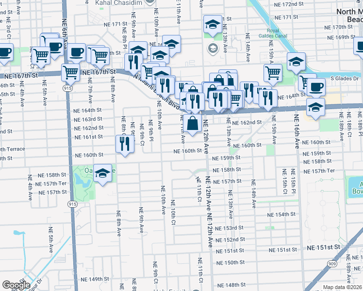 map of restaurants, bars, coffee shops, grocery stores, and more near 1090 Northeast 160th Terrace in North Miami Beach