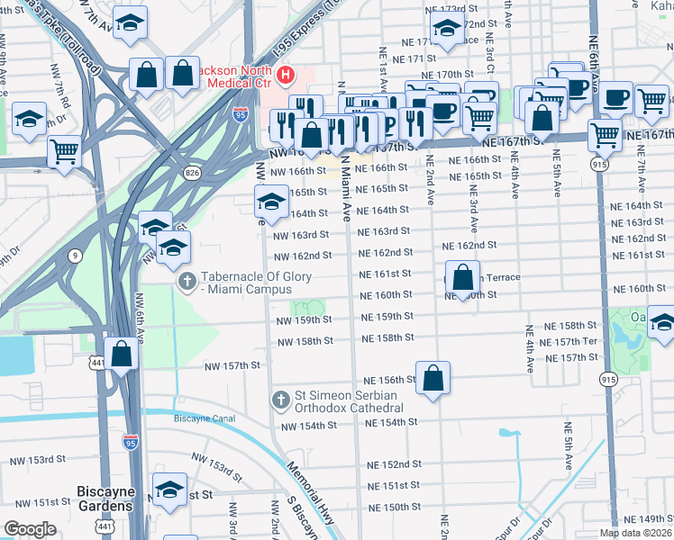 map of restaurants, bars, coffee shops, grocery stores, and more near 35 Northwest 161st Street in Miami