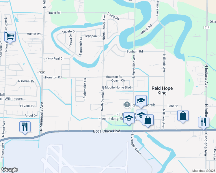 map of restaurants, bars, coffee shops, grocery stores, and more near 6412 Coach Circle in Brownsville