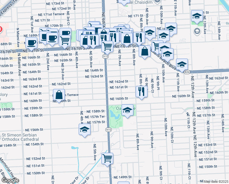 map of restaurants, bars, coffee shops, grocery stores, and more near 651 Northeast 160th Terrace in Miami