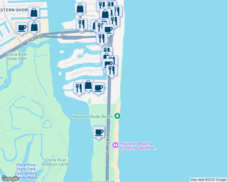 map of restaurants, bars, coffee shops, grocery stores, and more near 15800 Collins Avenue in Miami