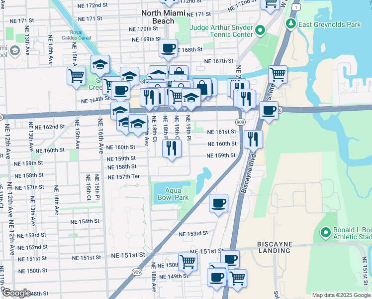 map of restaurants, bars, coffee shops, grocery stores, and more near 15971 Northeast 19th Place in North Miami Beach