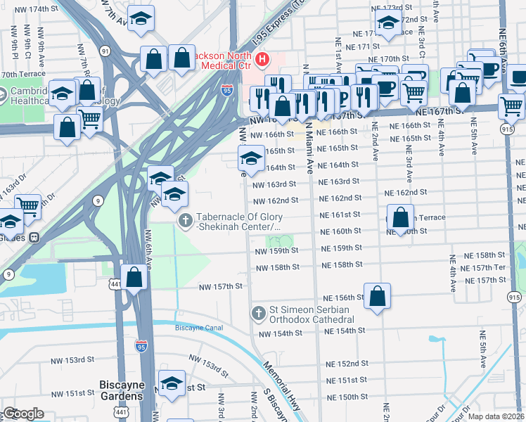 map of restaurants, bars, coffee shops, grocery stores, and more near 190 Northwest 162nd Street in Miami