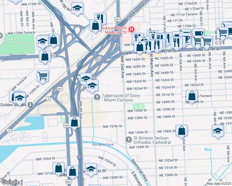 map of restaurants, bars, coffee shops, grocery stores, and more near 16100 Northwest 2nd Avenue in Miami