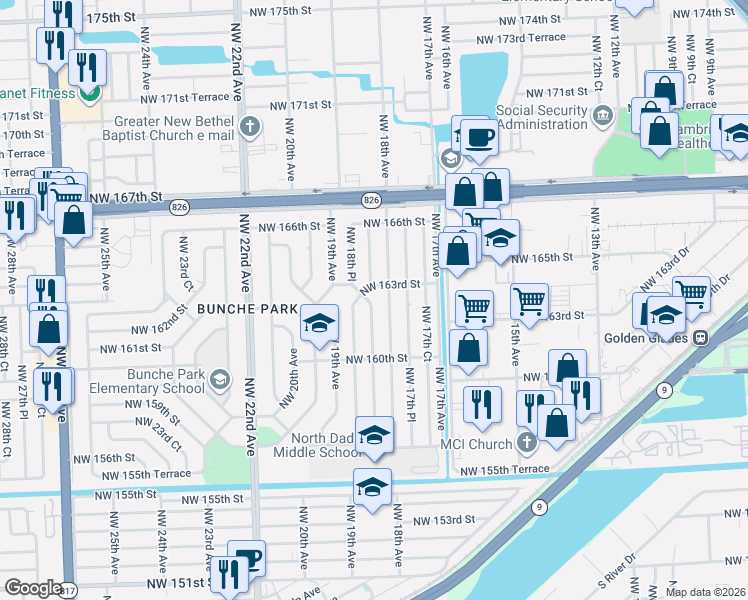 map of restaurants, bars, coffee shops, grocery stores, and more near 16226 Northwest 18th Avenue in Miami Gardens