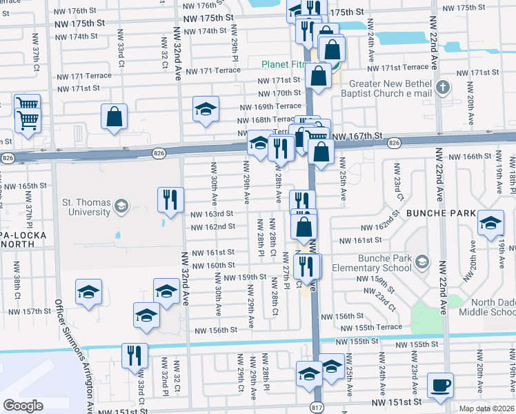 map of restaurants, bars, coffee shops, grocery stores, and more near 2880 Northwest 164th Street in Miami Gardens