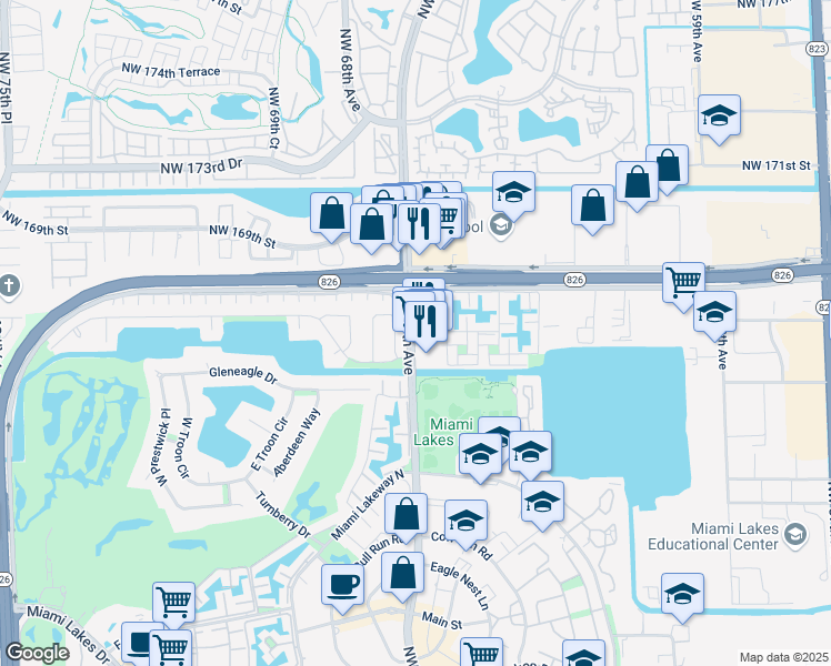 map of restaurants, bars, coffee shops, grocery stores, and more near 16495 Northwest 67th Avenue in Miami Lakes