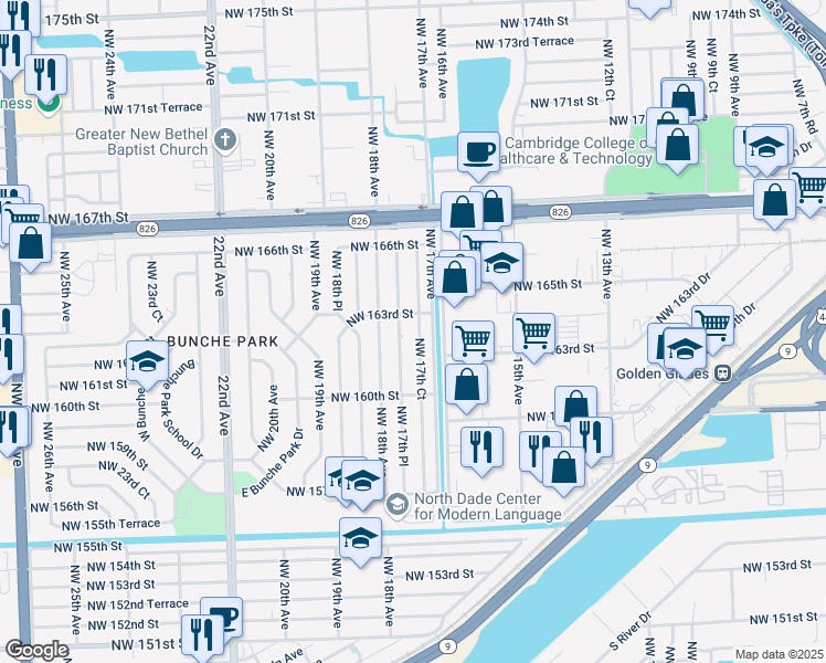 map of restaurants, bars, coffee shops, grocery stores, and more near 16220 Northwest 17th Court in Opa-locka