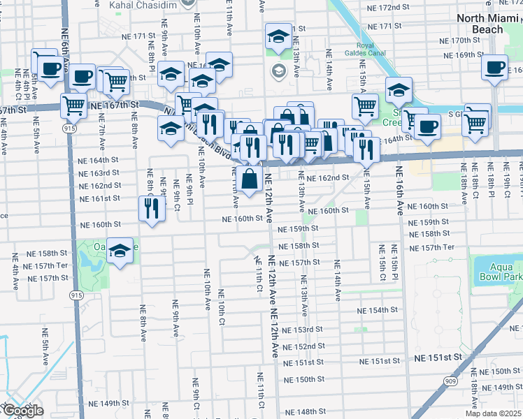 map of restaurants, bars, coffee shops, grocery stores, and more near 1180 Northeast 160th Terrace in North Miami Beach