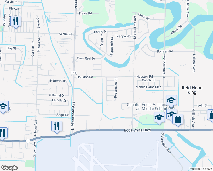map of restaurants, bars, coffee shops, grocery stores, and more near 274 Lampasas Street in Brownsville