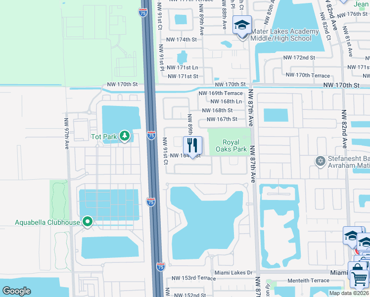 map of restaurants, bars, coffee shops, grocery stores, and more near 16505 Northwest 90th Avenue in Miami Lakes