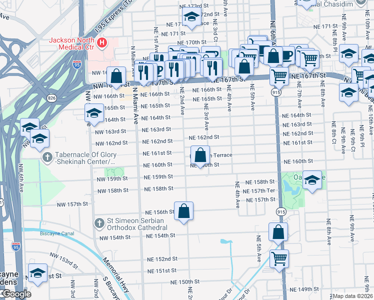 map of restaurants, bars, coffee shops, grocery stores, and more near 16095 Northeast 2nd Avenue in Miami