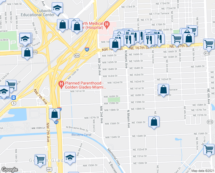 map of restaurants, bars, coffee shops, grocery stores, and more near 190 Northwest 162nd Street in Miami