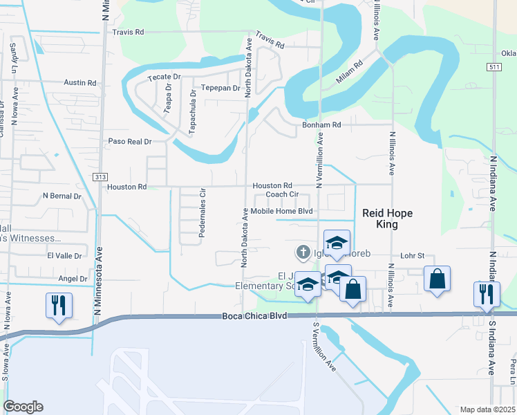 map of restaurants, bars, coffee shops, grocery stores, and more near 6412 Coach Circle in Brownsville