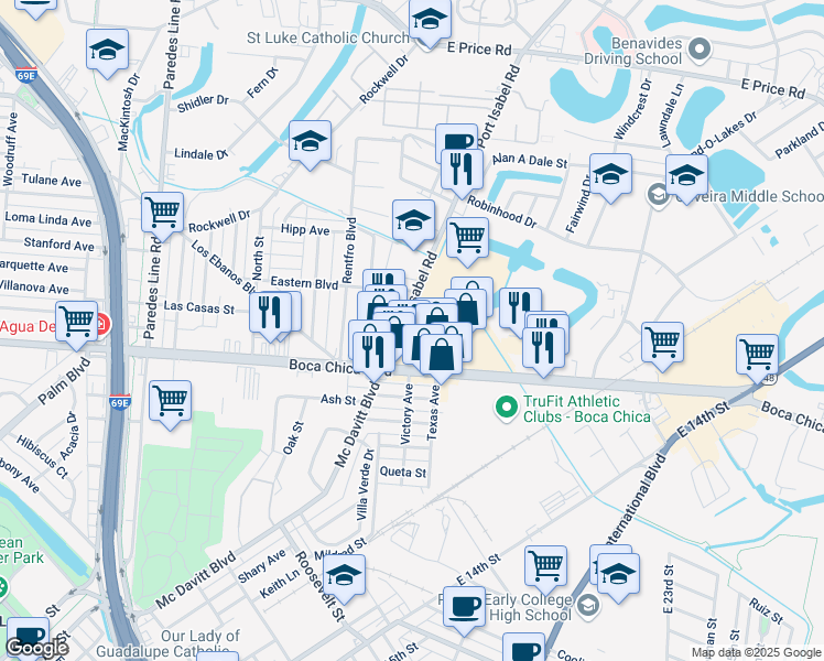map of restaurants, bars, coffee shops, grocery stores, and more near 2719 Boca Chica Boulevard in Brownsville