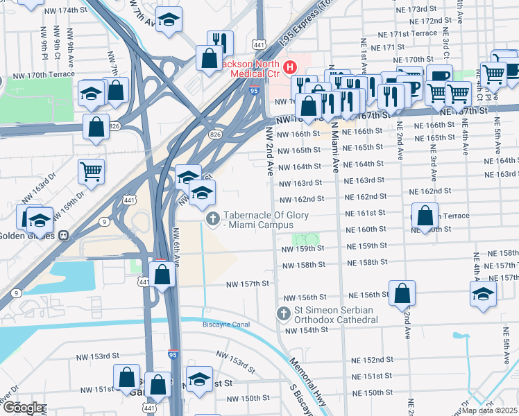 map of restaurants, bars, coffee shops, grocery stores, and more near 16100 Northwest 2nd Avenue in Miami
