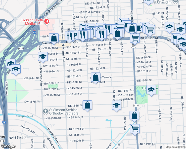map of restaurants, bars, coffee shops, grocery stores, and more near 270 Northeast 161st Street in North Miami Beach