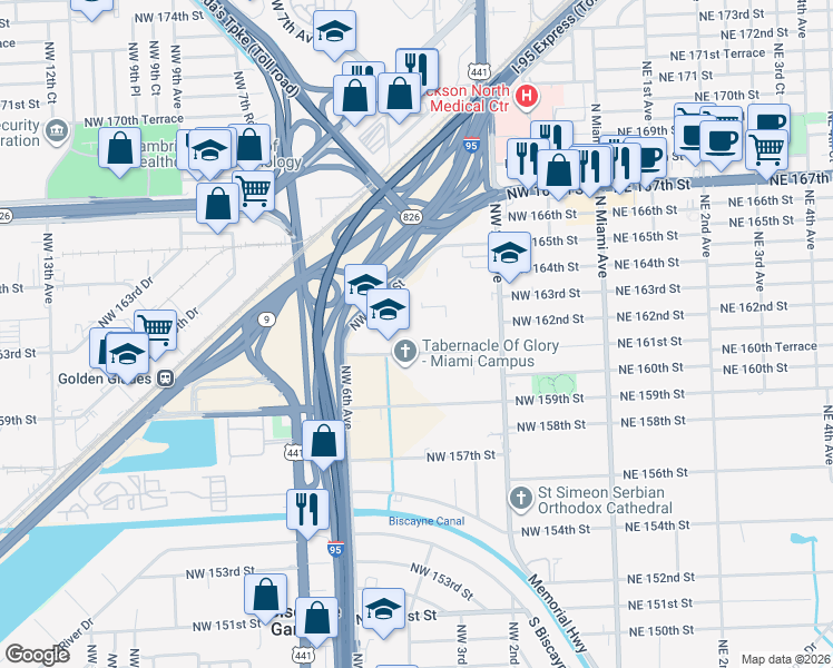 map of restaurants, bars, coffee shops, grocery stores, and more near 520 Northwest 165th Street in Miami